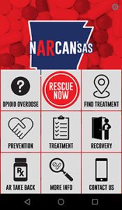 Mobile application interface for 'NARCANsas', designed to address opioid overdose. The top features a logo with the shape of Arkansas in blue with 'NARCANsas' written across it. The interface below displays icons and labels for various functions such as 'Opioid Overdose', 'Rescue Now', 'Find Treatment', 'Prevention', 'Treatment', 'Recovery', 'AR Take Back', 'More Info', and 'Contact Us', set against a background of red capsule pills.