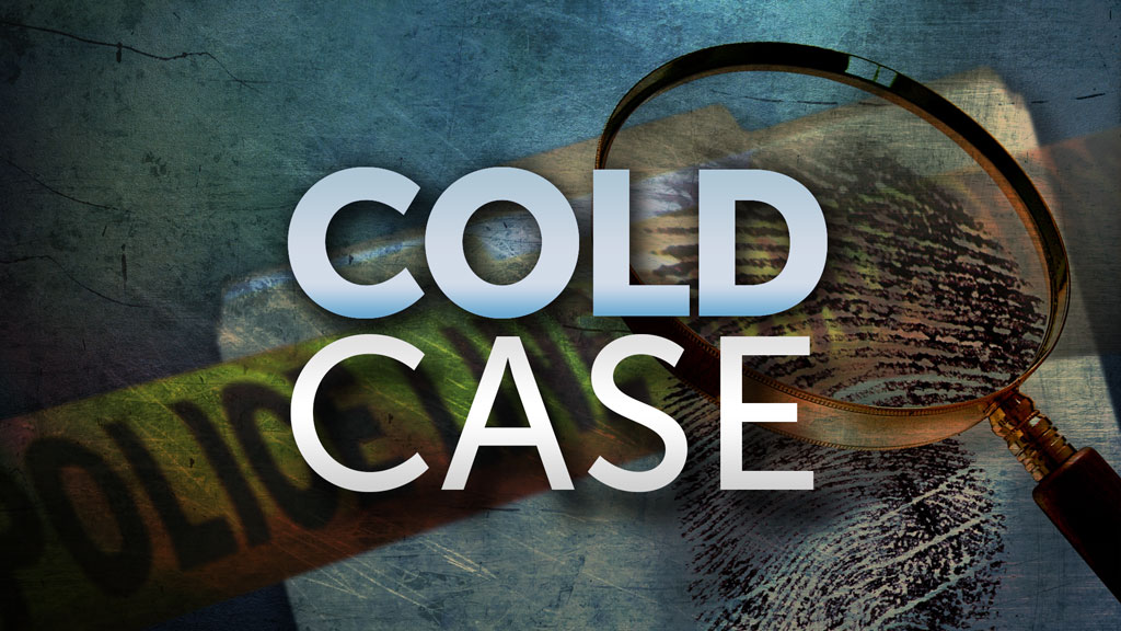 Logo with grungy police tape and magnifying glass, along with the text "Cold Case."