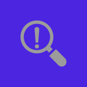 Blue and grey illustration of a magnifying glass with an exclamation mark in the center of the lense.