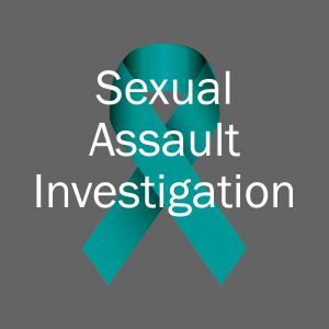 Graphic with a teal ribbon and the text, "Sexual Assault Investigation."