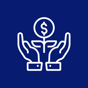 Blue and white graphic with hands holding a plant with a dollar sign in place of the flower.