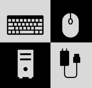 Black and grey graphic feature the illustrations of a keyboard, mouse, computer tower, and a plug-in charger.