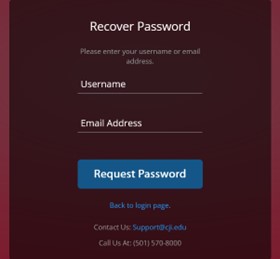 place to type in username and email address to recover password