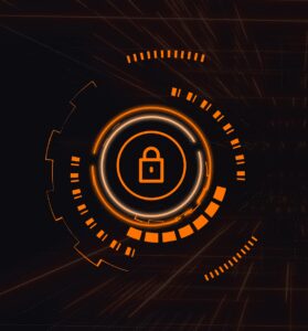 Orange and Black Graphic of lock surrounded by circles