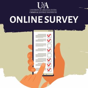 A Graphic Image showing a hand holding a cell phone with a survey on the screen. The title reads Online Survey.