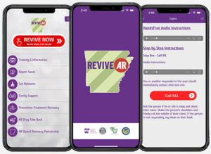 Picture of three cell phones, all featuring different images from the ReviveAR app